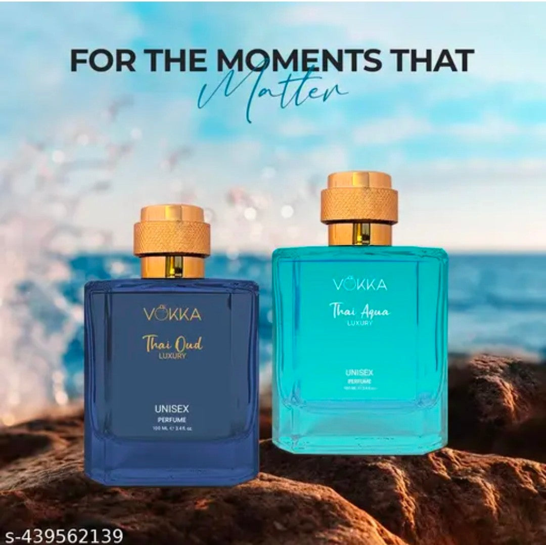 VOKKA Thai Oud & Thai Aqua 200 ml | Pack of 2 x 100ml Unique Unisex Luxury Long Lasting Woody Aquatic Perfume Gift Set For Men And Women | Aquatic Scent Eau De Parfum | EDP Fragrance for Gift | Notes: Aqua Woody Musky